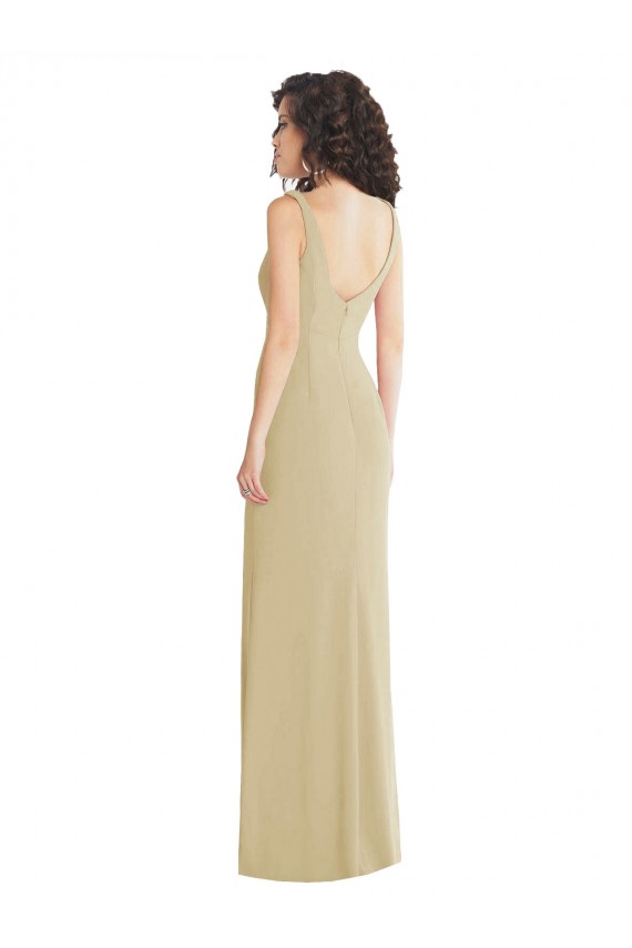 Long Sleeveless Stretch Crepe Champagne Trumpet Formal Evening Dress