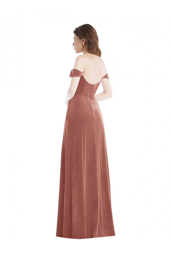 Long Sleeveless Stretch Velvet Cinnamon Rose A-Line Semi Formal Evening Dress