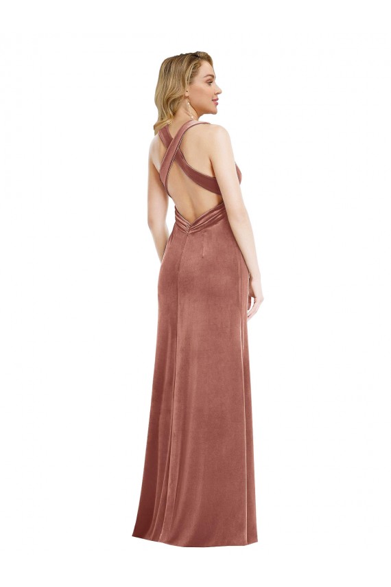 Long Sleeveless Stretch Velvet Cinnamon Rose A-Line Evening Dress