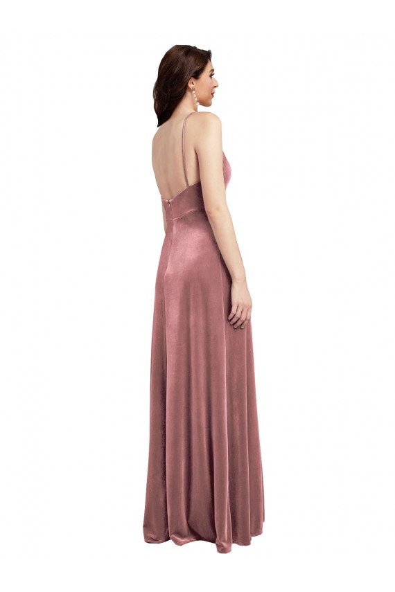 Long Sleeveless Stretch Velvet Cinnamon Rose A-Line Formal Evening Dress