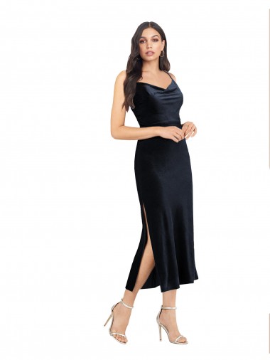 Midi Length Sleeveless Stretch Velvet Dark Navy Column Formal Evening Dress for Sale