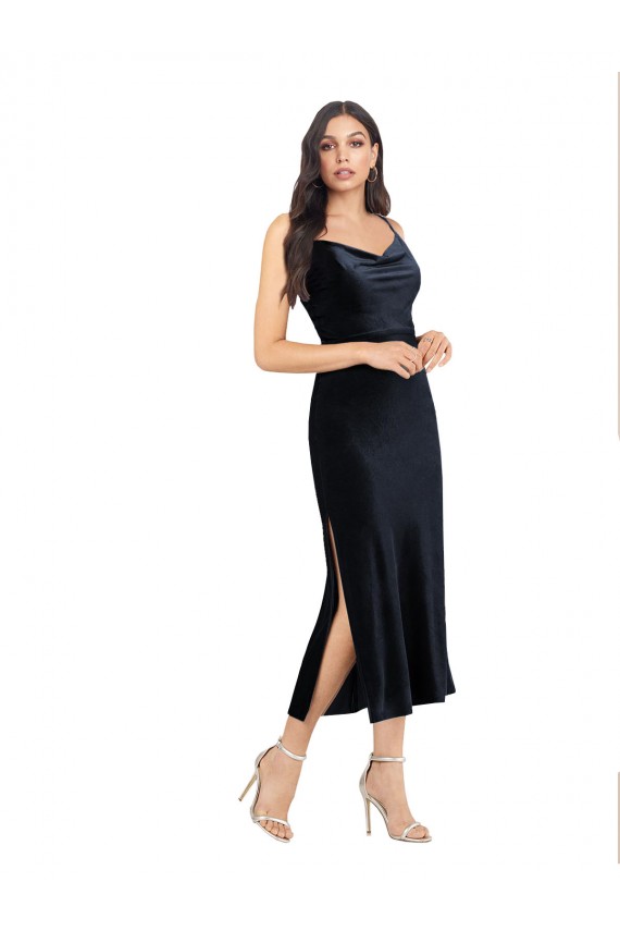 Midi Length Sleeveless Stretch Velvet Dark Navy Column Formal Evening Dress