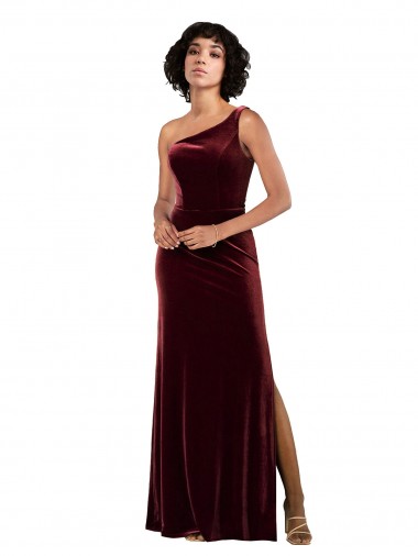 Long Sleeveless Stretch Velvet Burgundy Column Formal Evening Dress for Sale