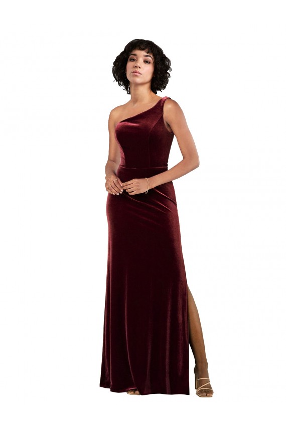 Long Sleeveless Stretch Velvet Burgundy Column Formal Evening Dress