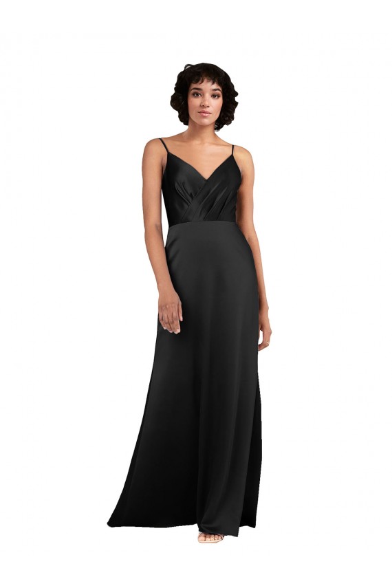 Long Sleeveless Silky Satin Black Column Formal Evening Dress