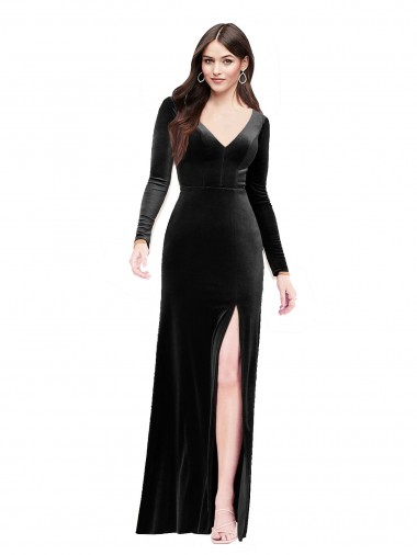Long Long Sleeves Stretch Velvet Black Column Formal Evening Dress for Sale
