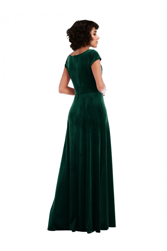 Long Cap Sleeves Stretch Velvet Dark Green A-Line Black Tie Evening Dress