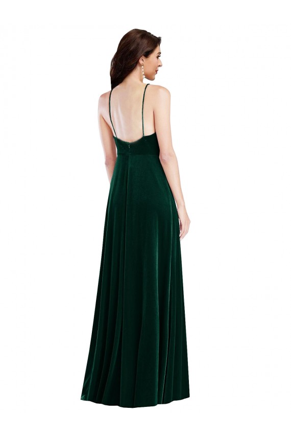 Long Sleeveless Stretch Velvet Dark Green A-Line Semi Formal Evening Dress