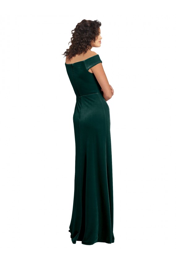 Long Cap Sleeves Stretch Velvet Dark Green A-Line Formal Evening Dress