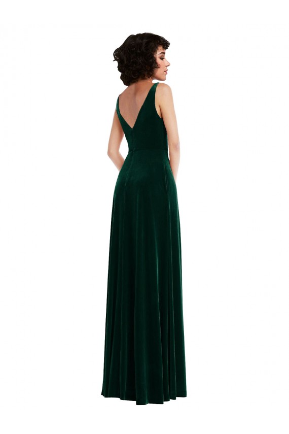 Long Sleeveless Stretch Velvet Dark Green A-Line Evening Gown