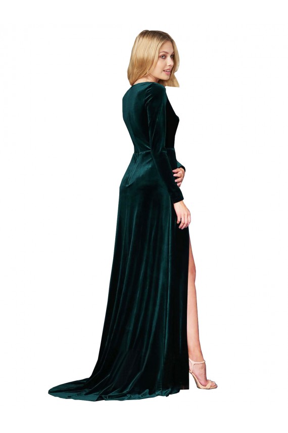 Sweep Train Long Sleeves Stretch Velvet Dark Green A-Line Black Tie Evening Dress