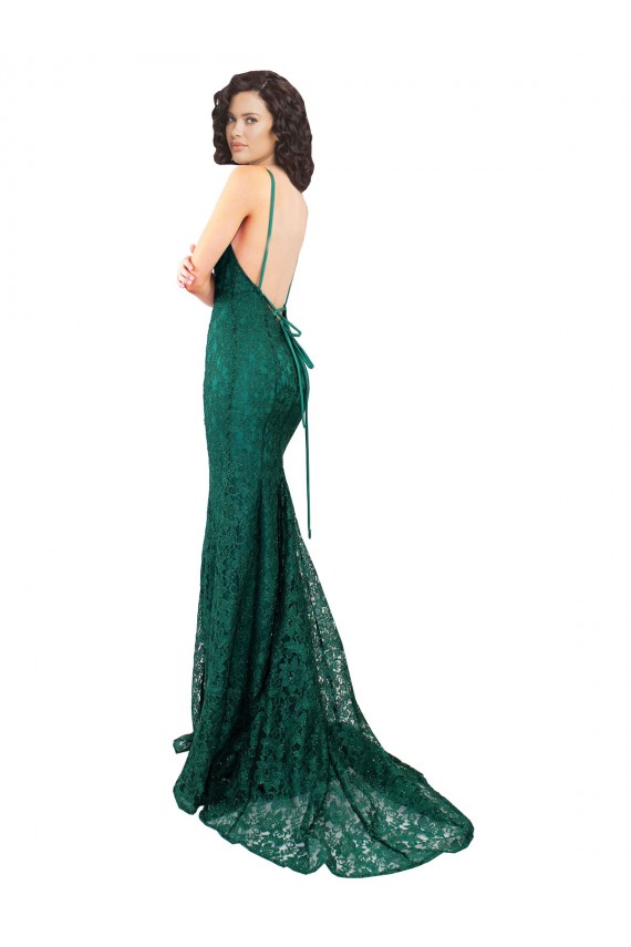 Long Sleeveless Lace Dark Green Mermaid Black Tie Evening Dress