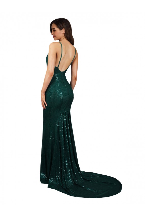 Long Sleeveless Sequin Dark Green Mermaid Formal Evening Dress