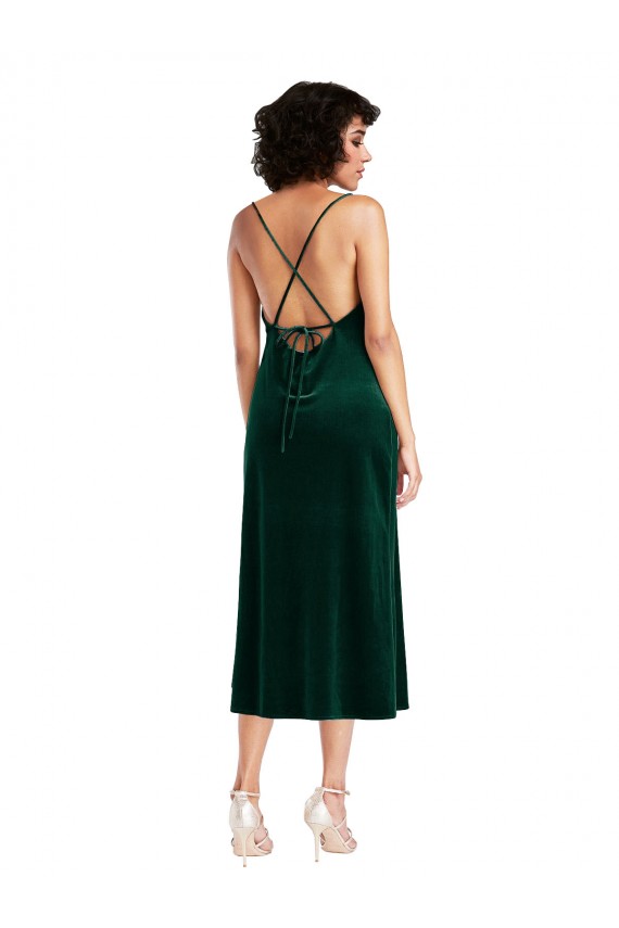 Midi Length Sleeveless Stretch Velvet Dark Green Sheath Black Tie Evening Dress