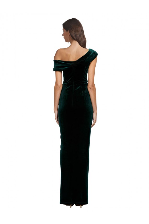 Long Sleeveless Stretch Velvet Dark Green Off the Shoulder Sheath High Low Evening Dress