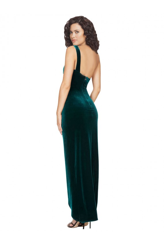 Long Sleeveless Stretch Velvet Dark Green Sheath High Low Evening Dress