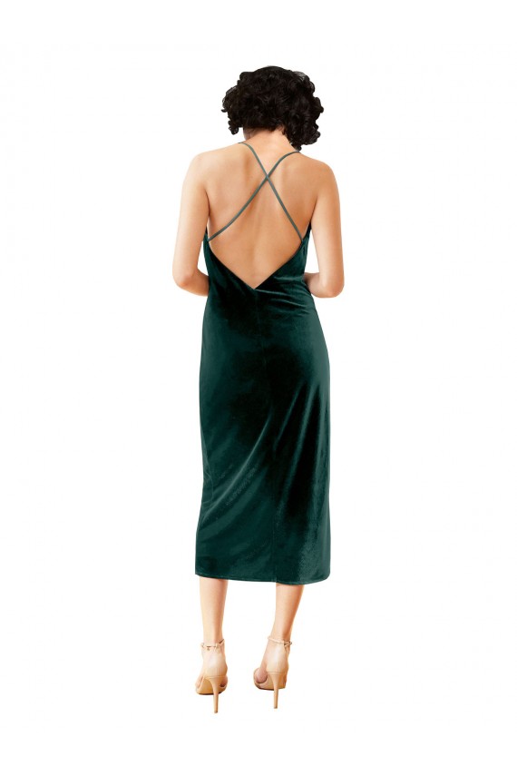 Midi Length Sleeveless Stretch Velvet Dark Green Sheath Formal Dress