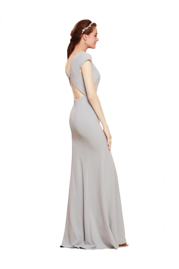 Long Sleeveless Stretch Crepe Dark Navy Boat Neck A-Line Formal Evening Dress