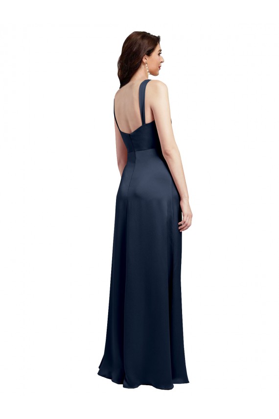Long Sleeveless Stretch Satin Dark Navy A-Line Formal Evening Dress