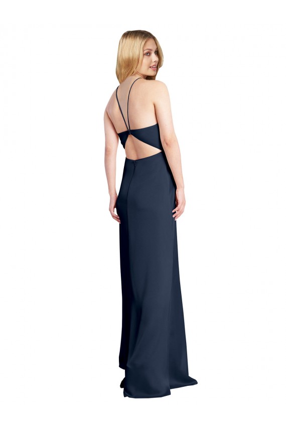 Long Sleeveless Stretch Satin Dark Navy Halter Neck A-Line Formal Evening Dress