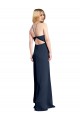 Long Sleeveless Stretch Satin Dark Navy Halter Neck A-Line Formal Evening Dress