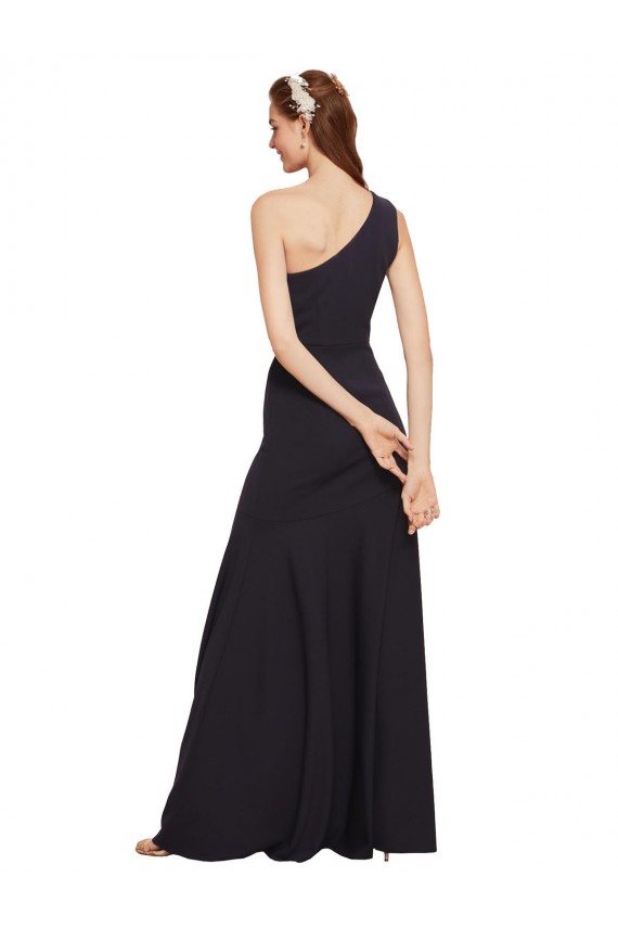 Long Sleeveless Stretch Crepe Dark Navy One Shoulder A-Line Formal Evening Dress