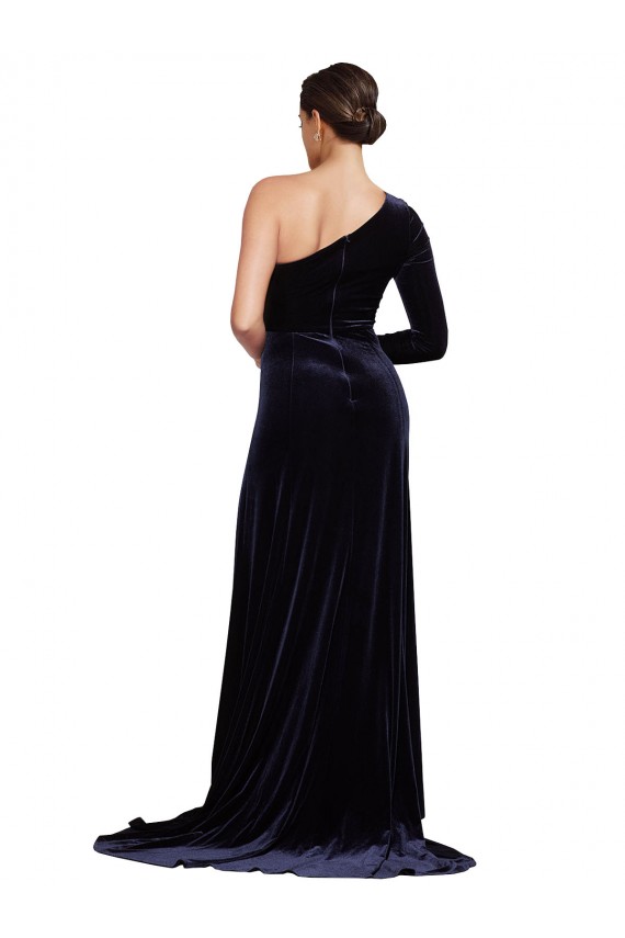 Sweep Train Long Sleeves Stretch Velvet Dark Navy A-Line Formal Evening Dress