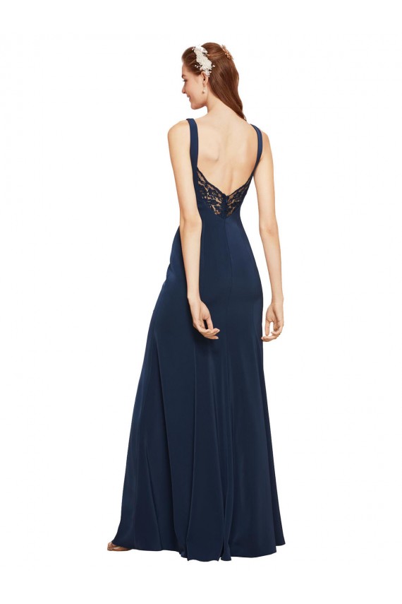 Long Sleeveless Stretch Crepe Dark Navy A-Line Evening Dress