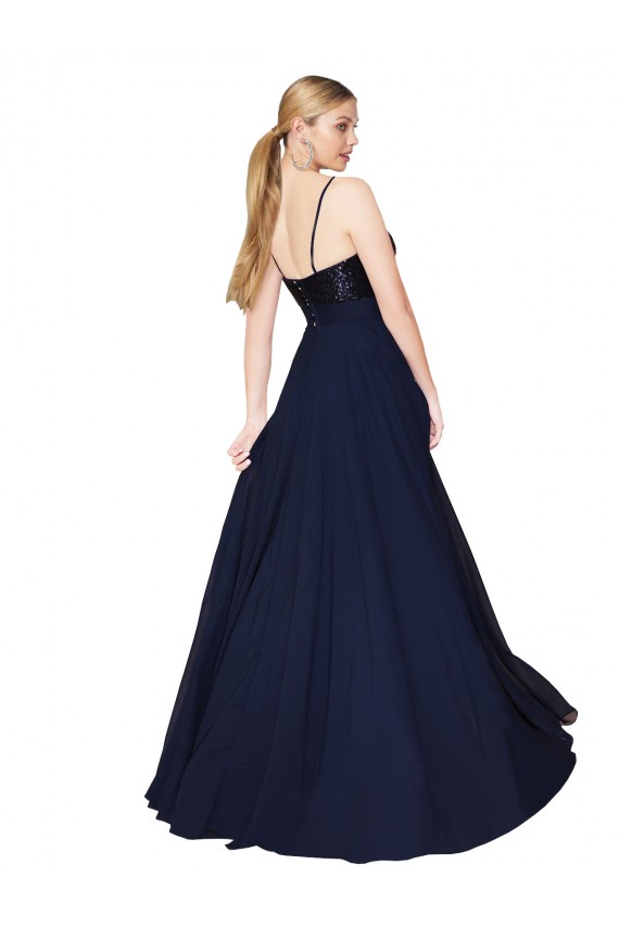 Long Sleeveless Soft Chiffon & Sequin Dark Navy A-Line Semi Formal Evening Gown