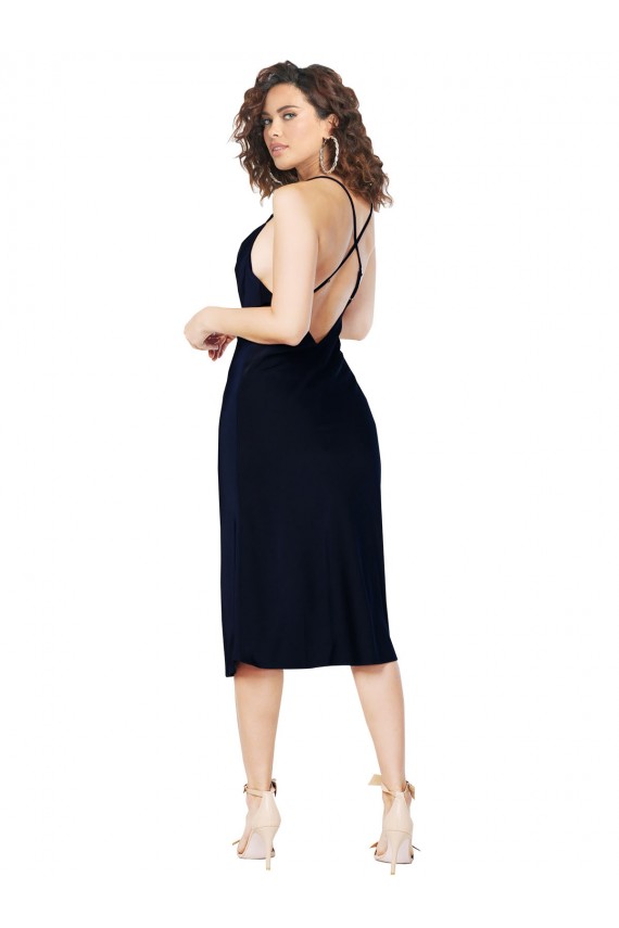 Midi Length Sleeveless Silky Satin Dark Navy Spaghetti Straps A-Line Formal Evening Dress