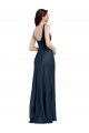 Long Sleeveless Stretch Satin Dark Navy Square Neck A-Line Formal Evening Dress