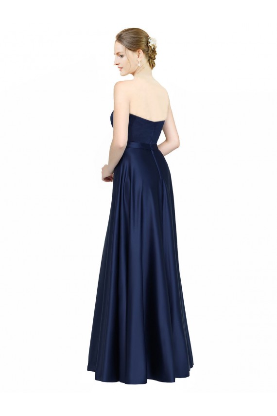 Long Sleeveless Stretch Satin Dark Navy A-Line Black Tie Evening Dress