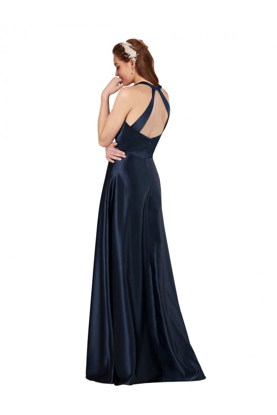 Long Sleeveless Satin Dark Navy A-Line Formal Evening Dress