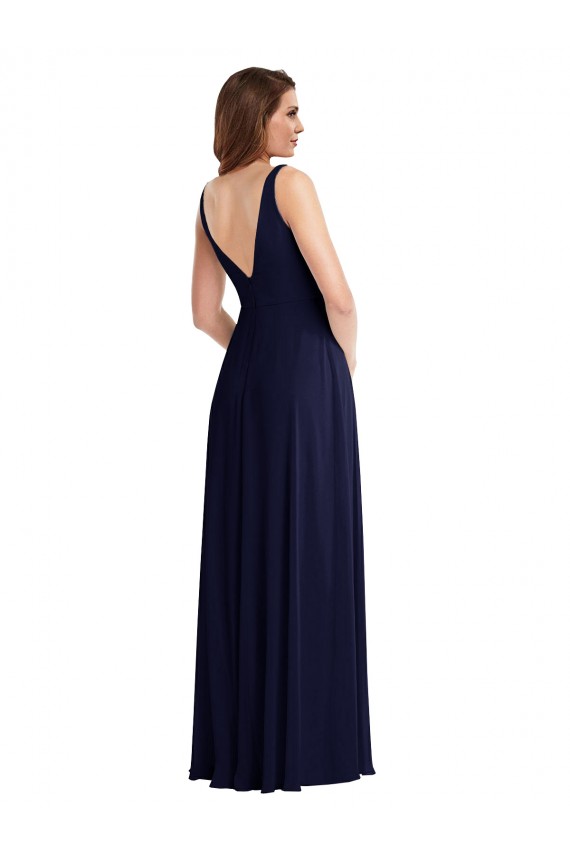Long Sleeveless Soft Chiffon Dark Navy A-Line Black Tie Evening Dress