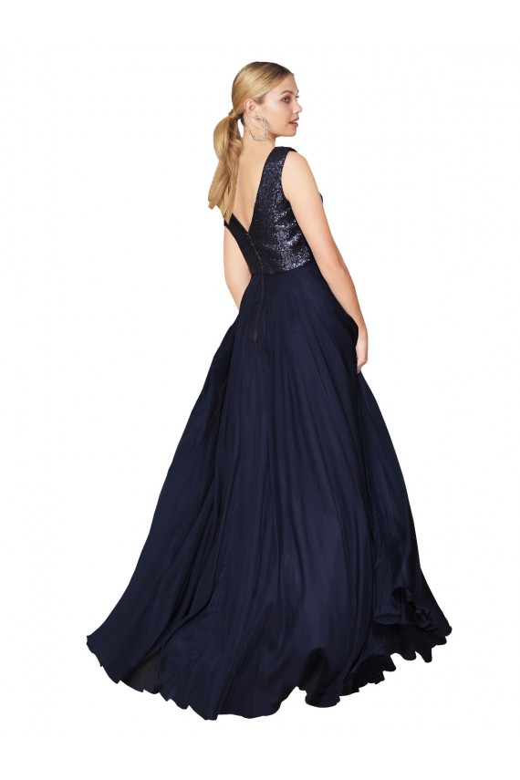 Long Sleeveless Soft Chiffon & Sequin Dark Navy A-Line Semi Formal Evening Dress