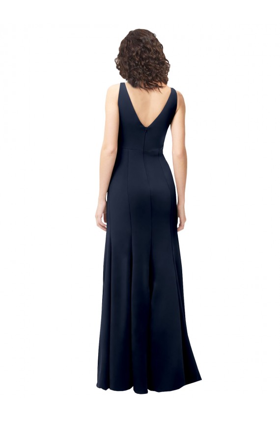 Long Sleeveless Stretch Crepe Dark Navy V-Neck A-Line Formal Dress