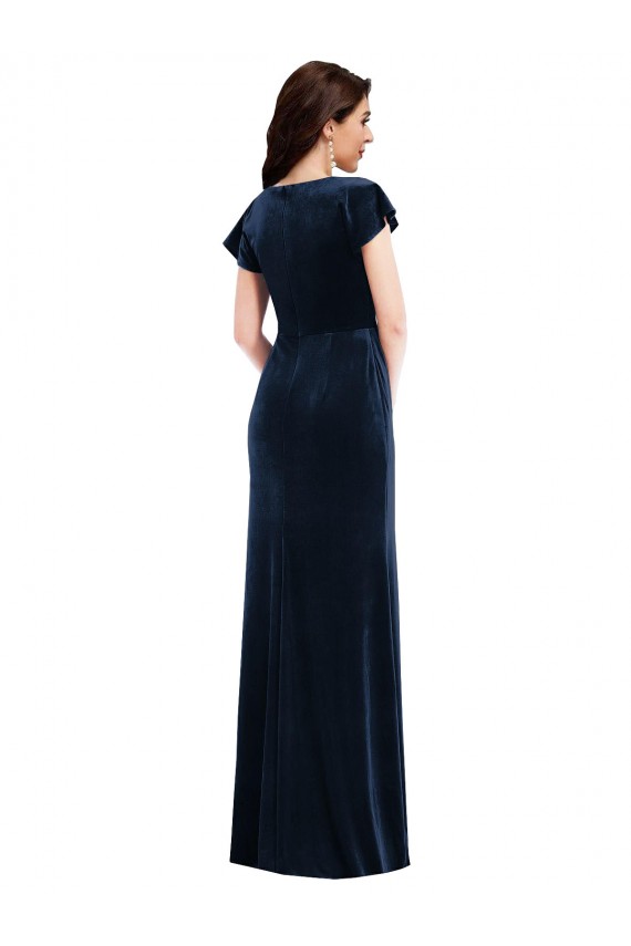 Long Flutter Sleeves Stretch Velvet Dark Navy A-Line Formal Dress