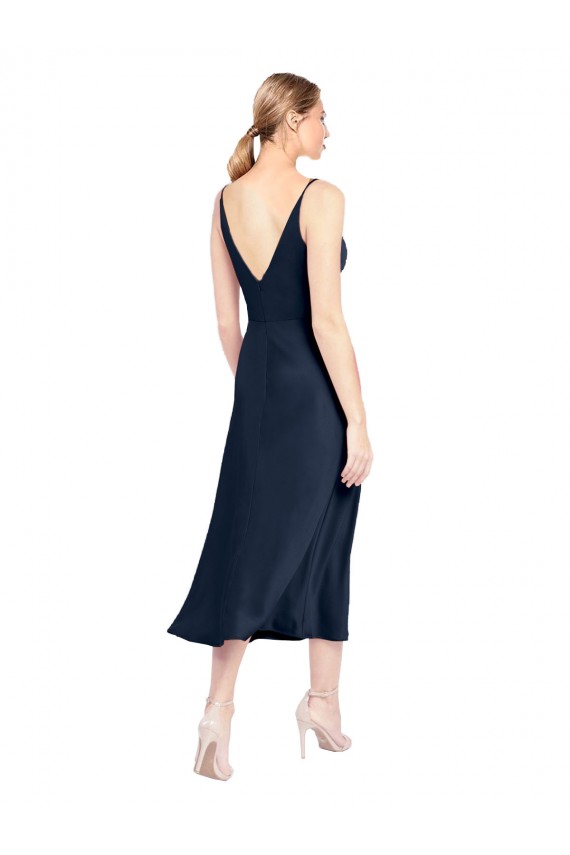 Midi Length Sleeveless Stretch Satin Dark Navy A-Line Formal Evening Dress