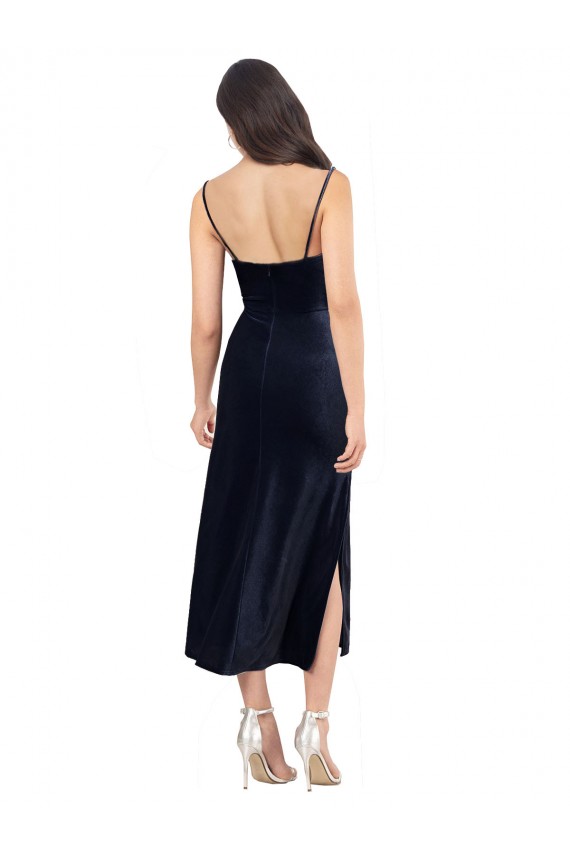 Midi Length Sleeveless Stretch Velvet Dark Navy Column Formal Evening Dress