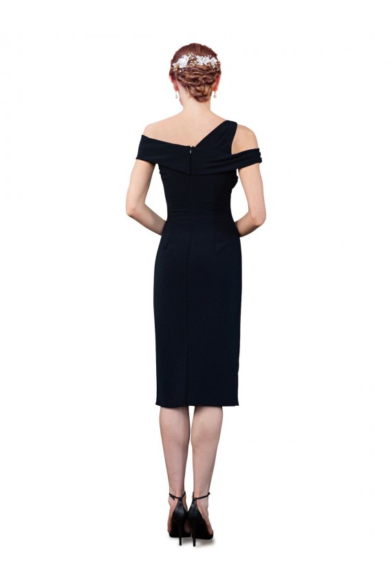 Cocktail Length Sleeveless Stretch Crepe Dark Navy Mermaid Formal Evening Dress