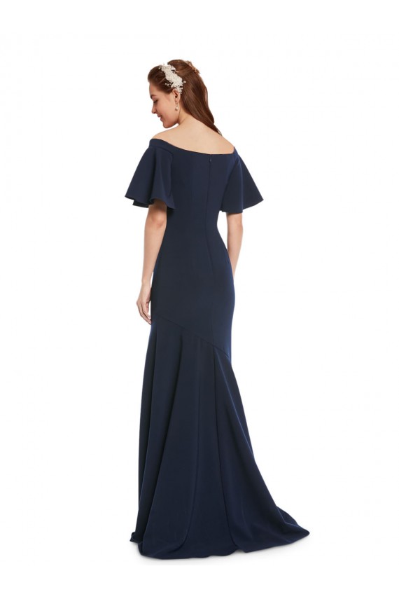 Short Sleeves Long Stretch Crepe Dark Navy Mermaid Evening Dress