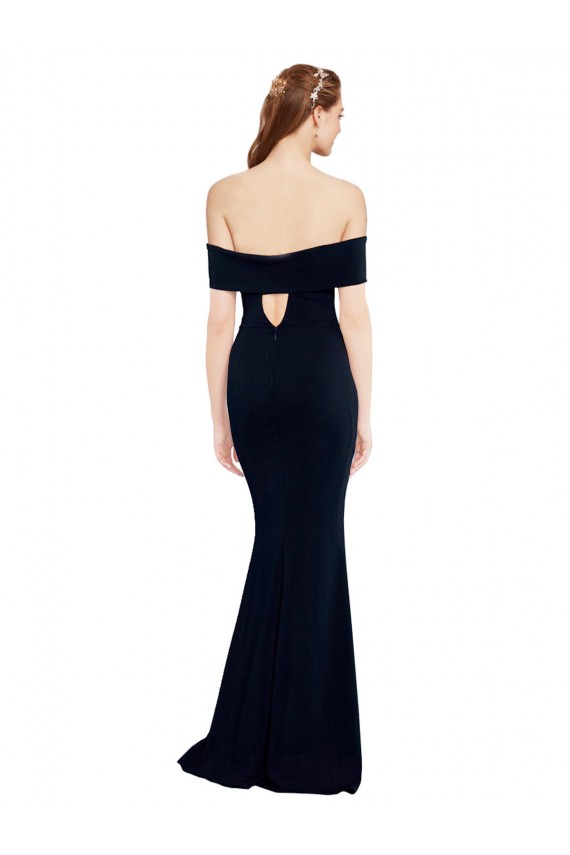 Long Sleeveless Stretch Crepe Dark Navy Off the Shoulder Mermaid Formal Dress