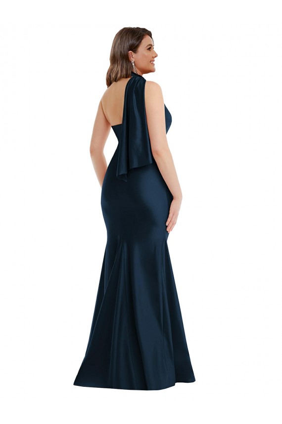 Long Sleeveless Silky Satin Dark Navy Mermaid Plus Size Formal Evening Dress
