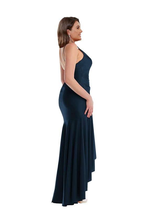 Long Sleeveless Silky Satin Dark Navy Mermaid High Low Plus Size Evening Dress