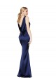 Long Sleeveless Stretch Satin Dark Navy Sheath Formal Evening Dress