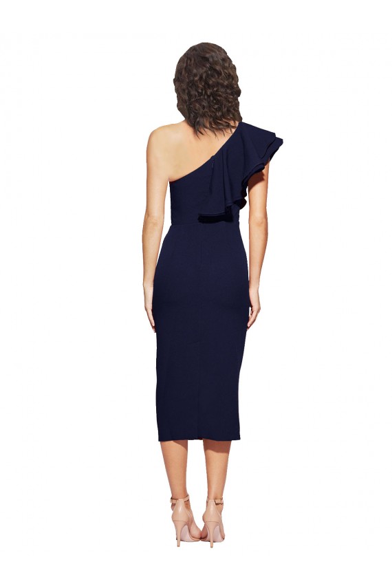 Midi Length Sleeveless Stretch Crepe Dark Navy Sheath Formal Evening Dress