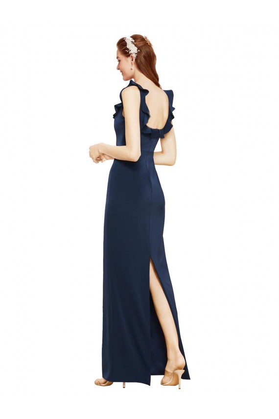 Long Sleeveless Stretch Crepe Dark Navy Scoop Neck Sheath Formal Evening Dress