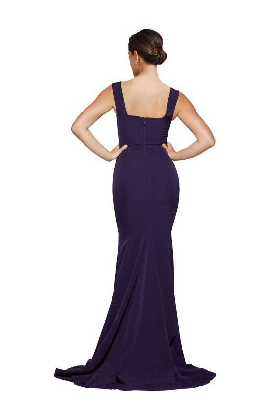 Sweep Train Sleeveless Stretch Crepe Dark Navy Square Neck Sheath Semi Formal Evening Dress