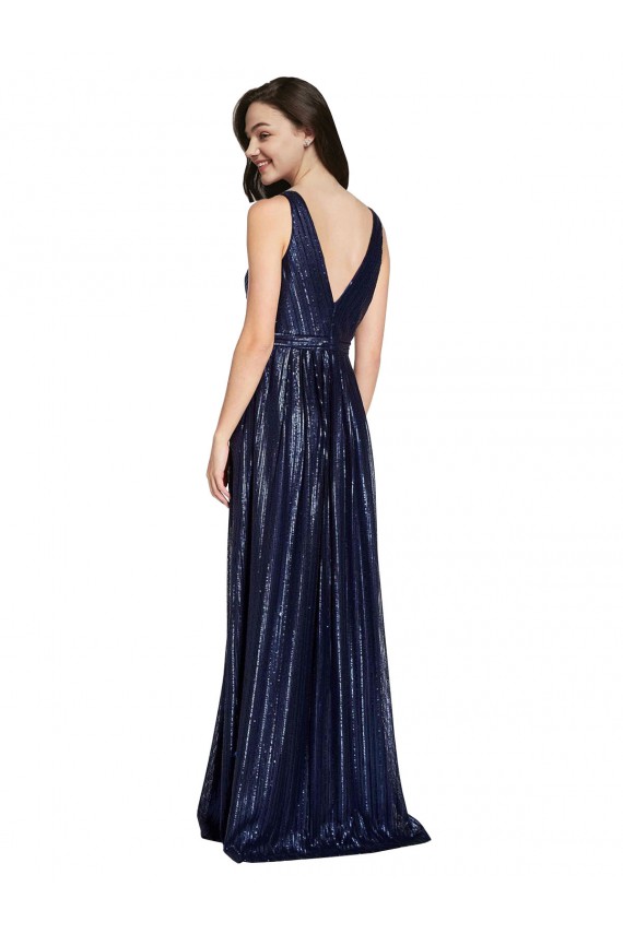 Long Sleeveless Sequin Dark Navy Sheath Formal Evening Dress
