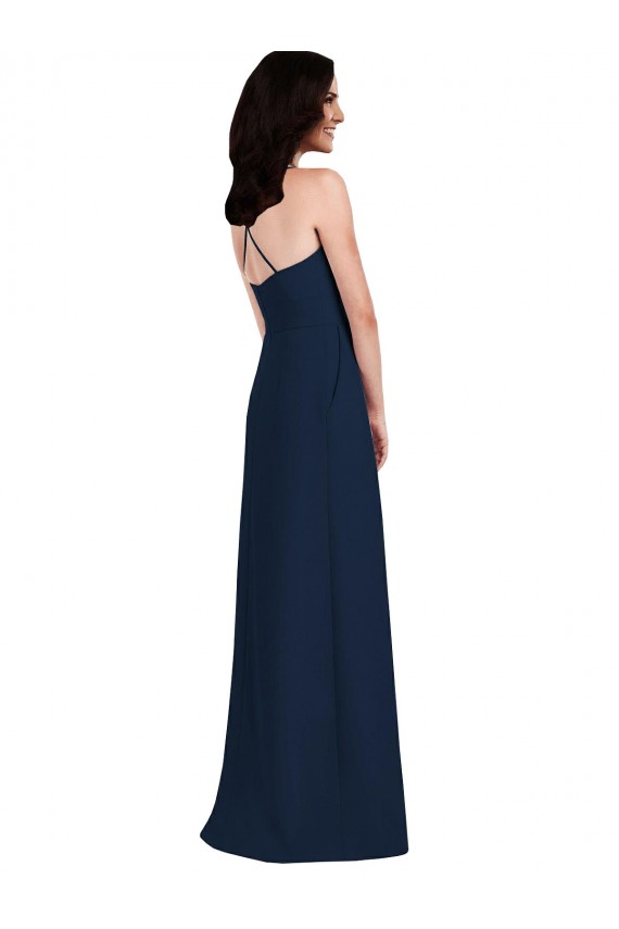 Long Sleeveless Stretch Crepe Dark Navy Trumpet Semi Formal Evening Dress